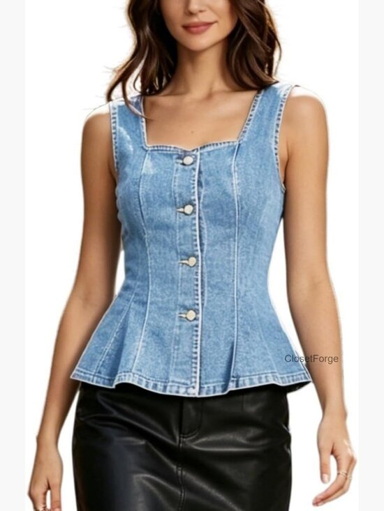 Tops - Women's Square Neck Denim Corset Tank Top Peplum Button Vest Sleeveless
